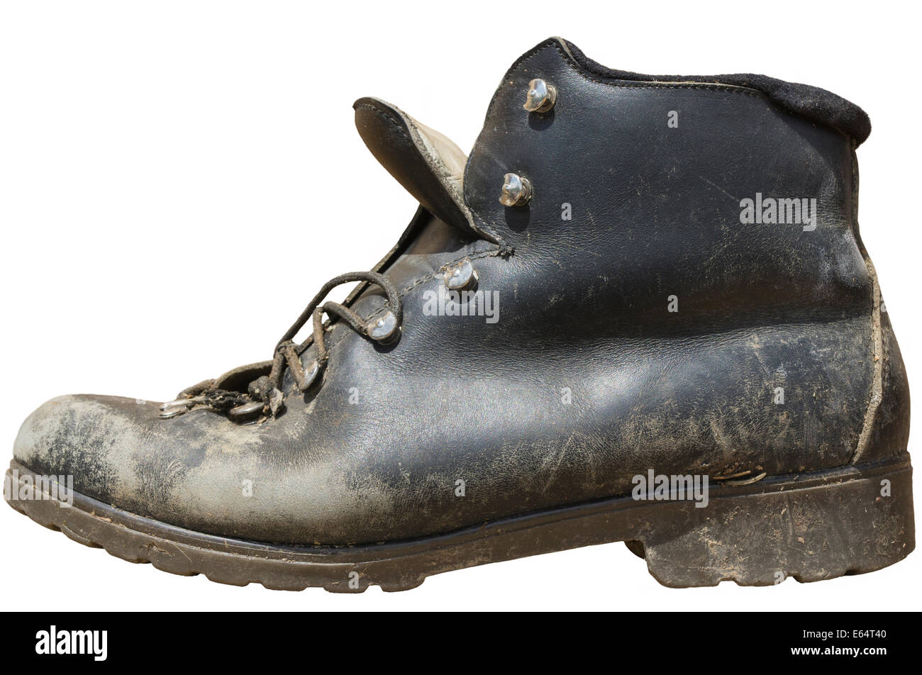 Isolated old hiking boot on white background Stock Photo
