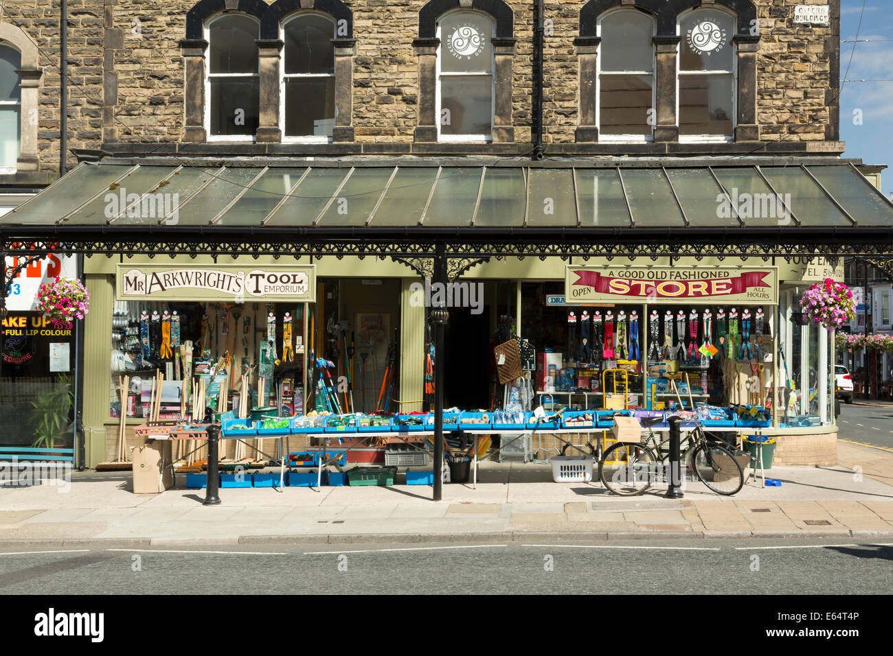 A bright and colourful tool and hardware shop front in the Spa town of
