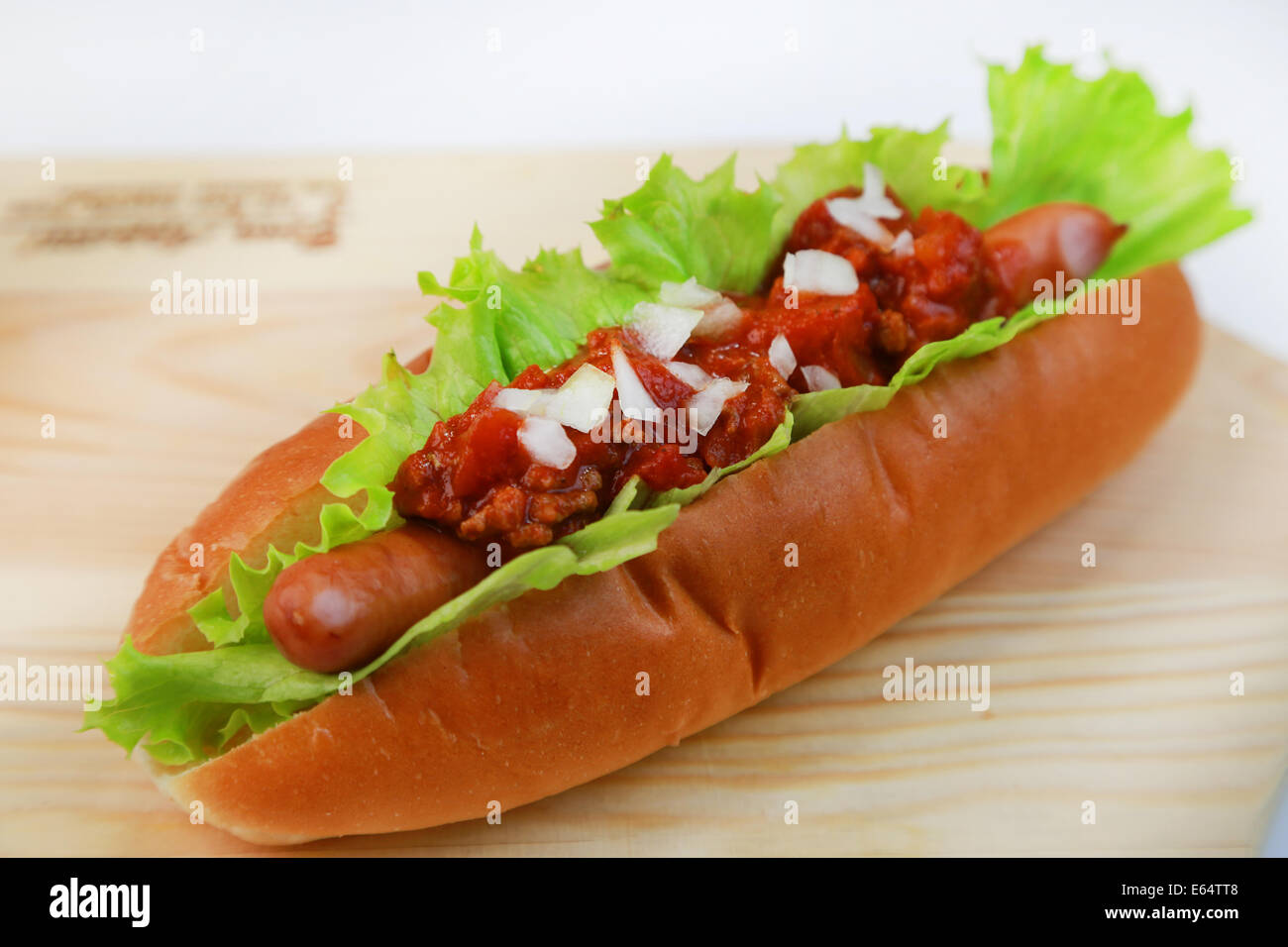 Chili hot dog Stock Photo