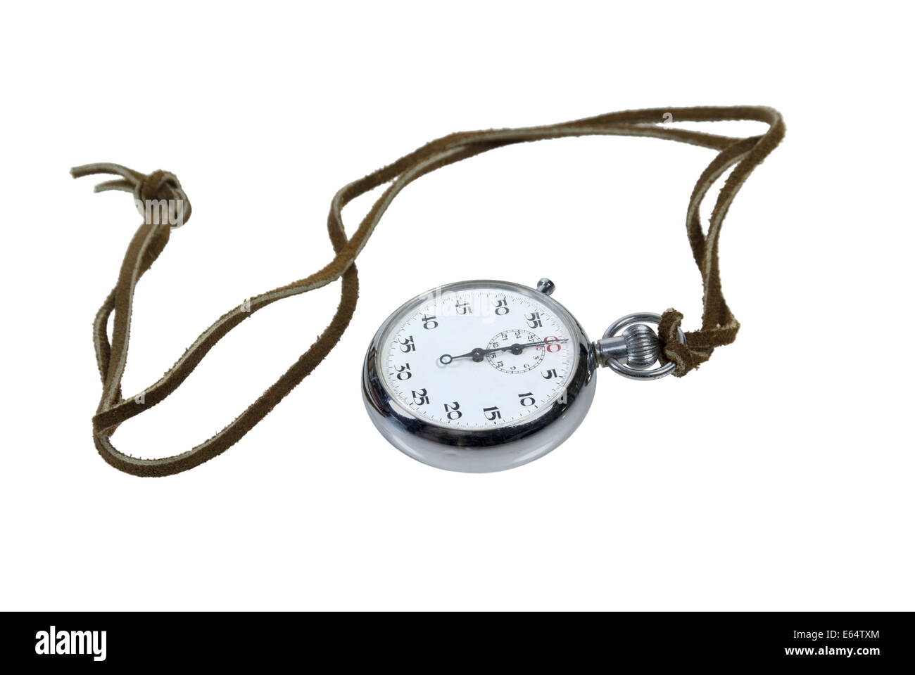 Silver stopwatch on a long rough leather cord path included Stock