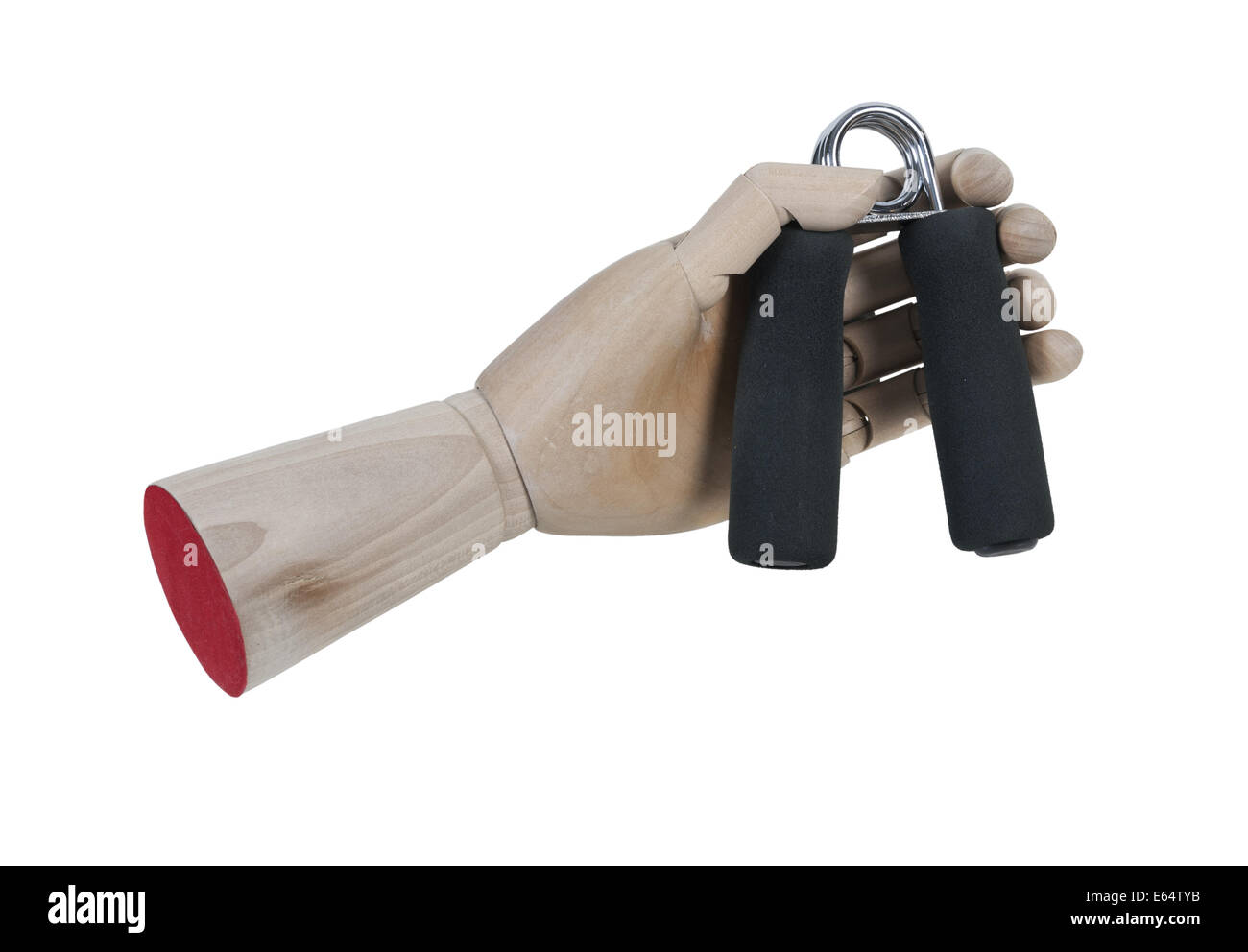 Wooden hand gripping a hand grip exercisers used to strengthen hand muscles - path included Stock Photo