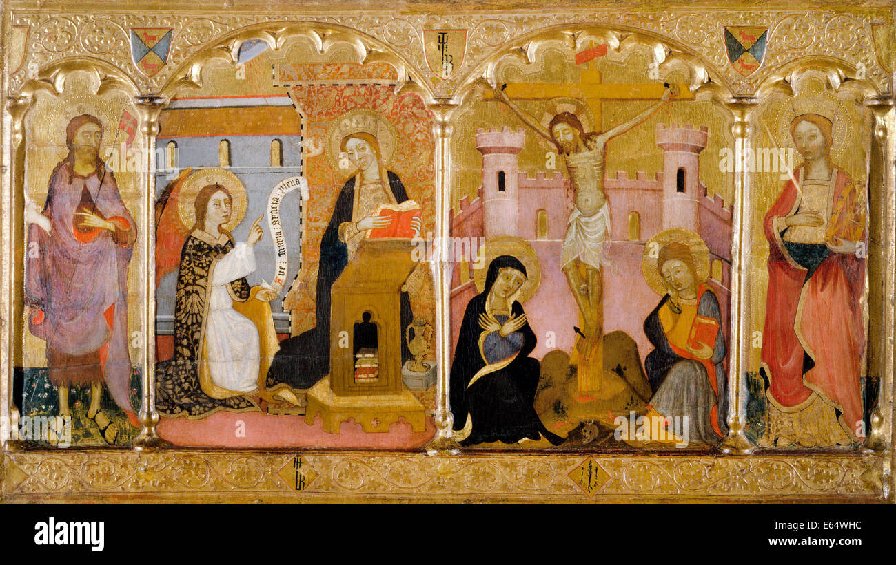 Francesc Comes, Saint John the Baptist, Annunciation, Crucifixion and Saint Catherine of Alexandria. Circa 1400. Stock Photo