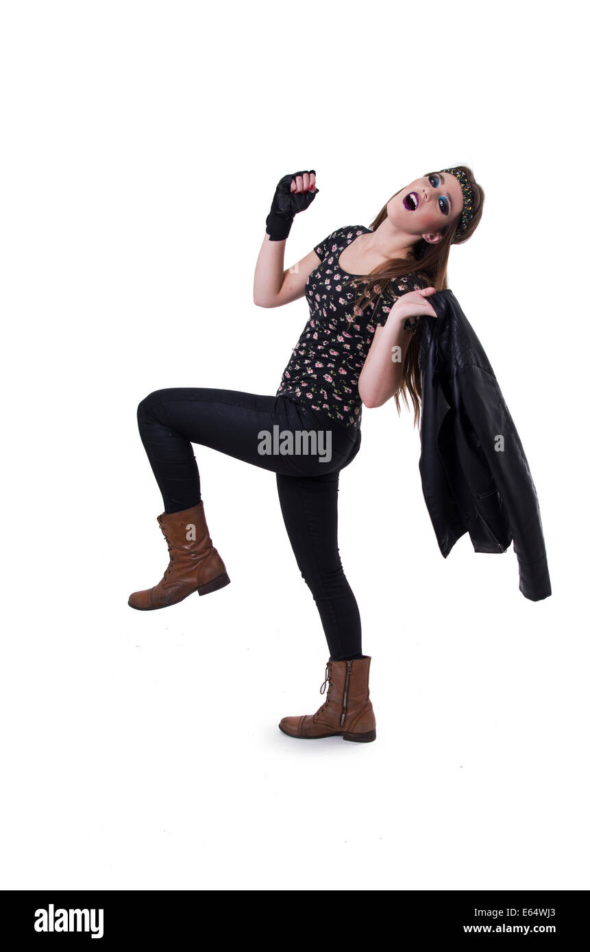 Beautiful young rocker girl dressed in black Stock Photo