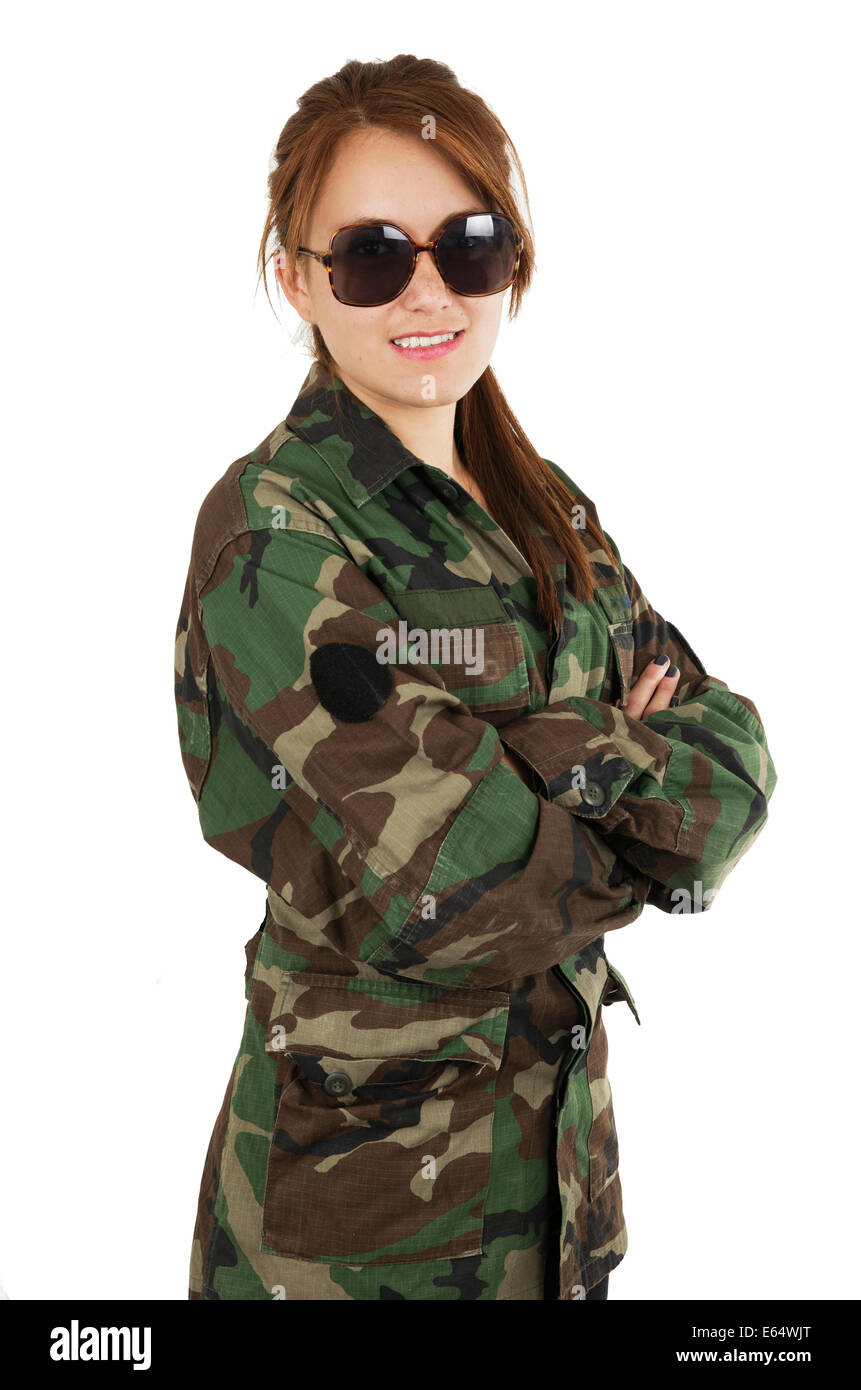 Pretty young girl dressed in green military uniform Stock Photo Alamy
