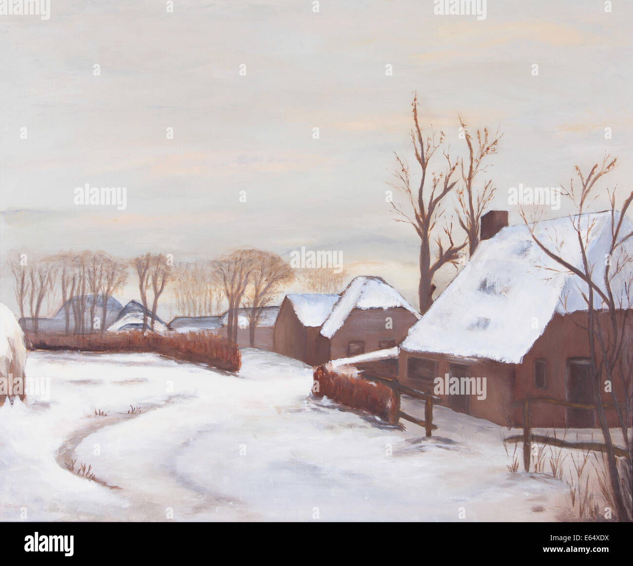 Idyllic winter landscape painting, old farms in a village Stock Photo ...