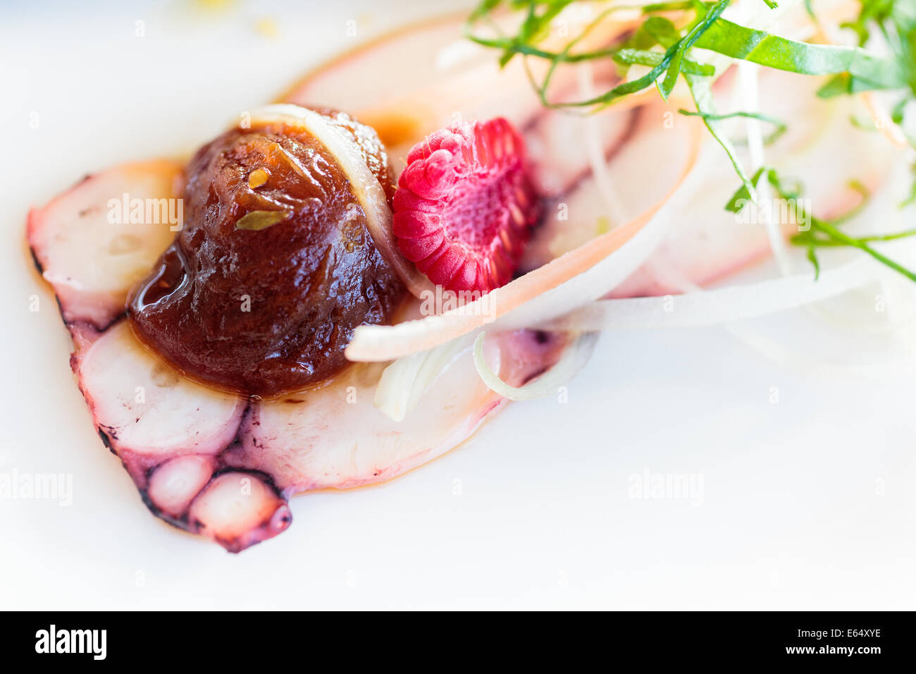 Cold appetizer of boiled octopus, cut into thin slices with a confit of cherry tomatoes, berries, grated cheese, julienne Stock Photo