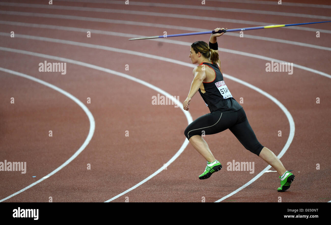 Zurich, Switzerland. 14th Aug, 2014. Linda Stahl of Germany competes in the women's javelin final at the European Athletics Championships 2014 at the Letzigrund Stadium in Zurich, Switzerland, 14 August 2014. Photo: Rainer Jensen/dpa/Alamy Live News Stock Photo
