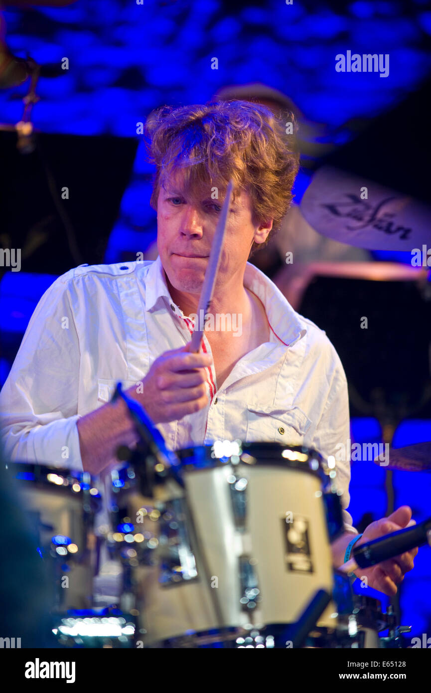 Live music drummer with Loose Tubes 21piece big band on stage at Brecon Jazz Festival 2014