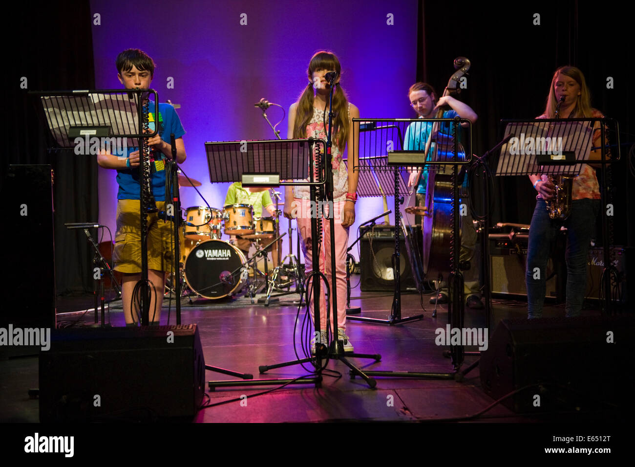 Live music Junior Jazz Summer School band on stage at Brecon Jazz Festival 2014 Stock Photo