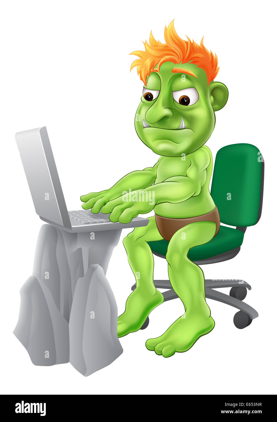 An illustration of a green monster troll character typing on their laptop. Concept for an internet troll Stock Photo