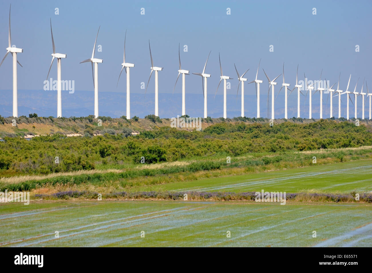 Row of wind turbines Stock Photo
