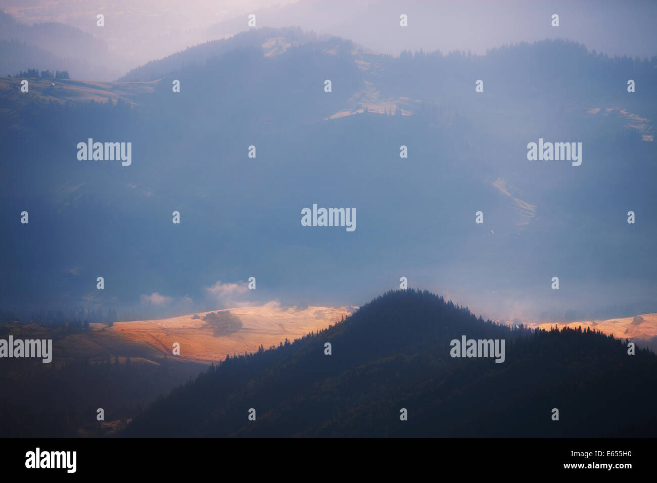 Mountains hills at misty morning Stock Photo - Alamy