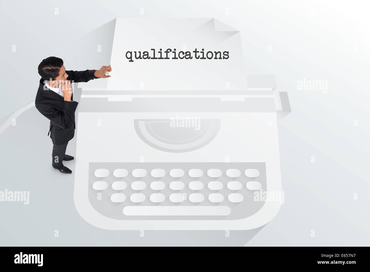 The word qualifications and thoughtful asian businessman Stock Photo
