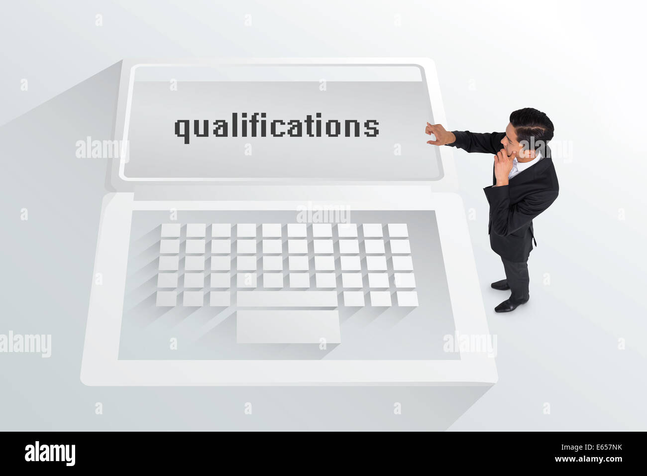 The word qualifications and thoughtful asian businessman Stock Photo
