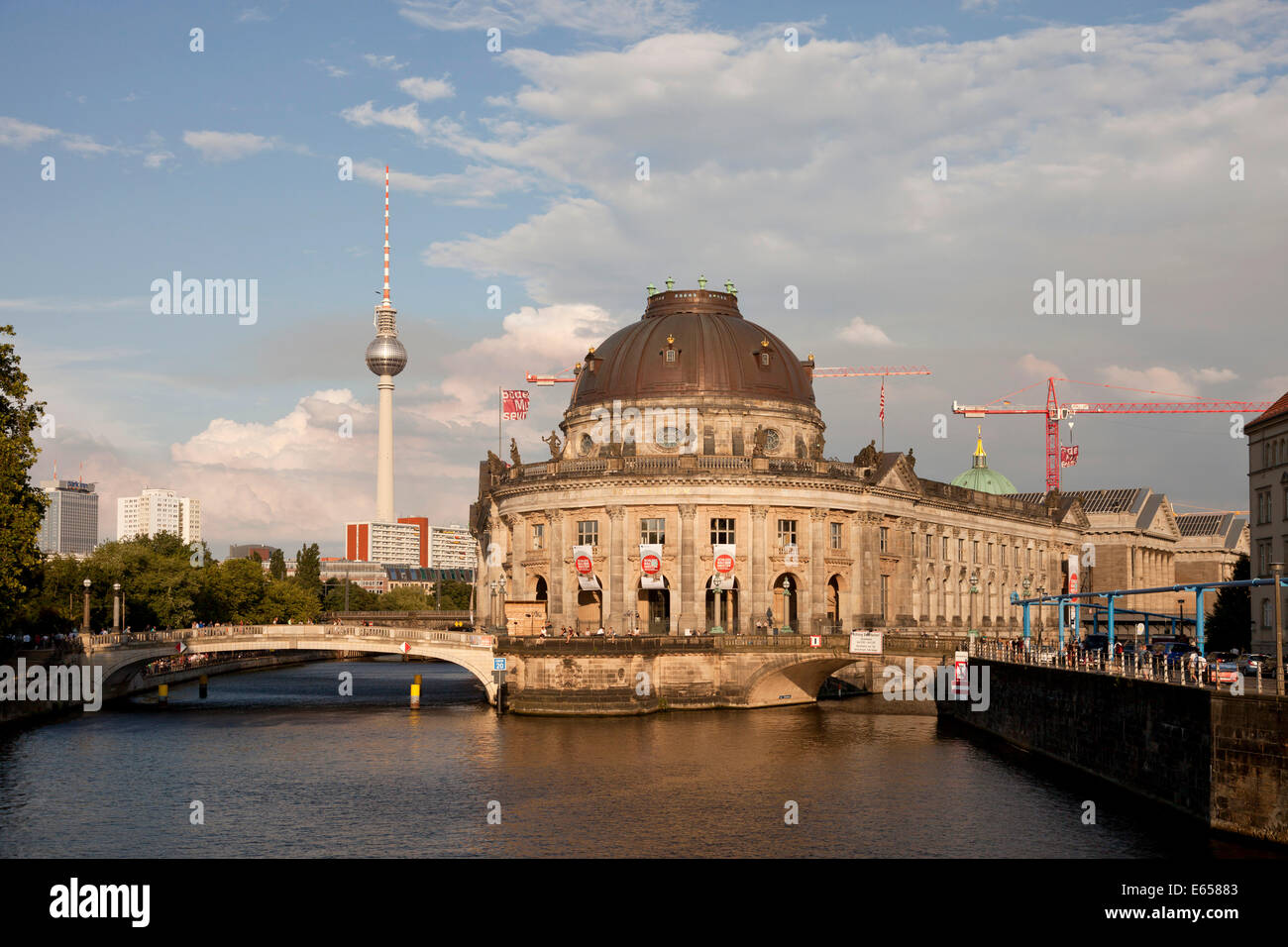 The Bode Museum at the northern end of the Museum Island in the Spree river and the Fernsehturm / Berlin TV Tower, Berlin, Germa Stock Photo