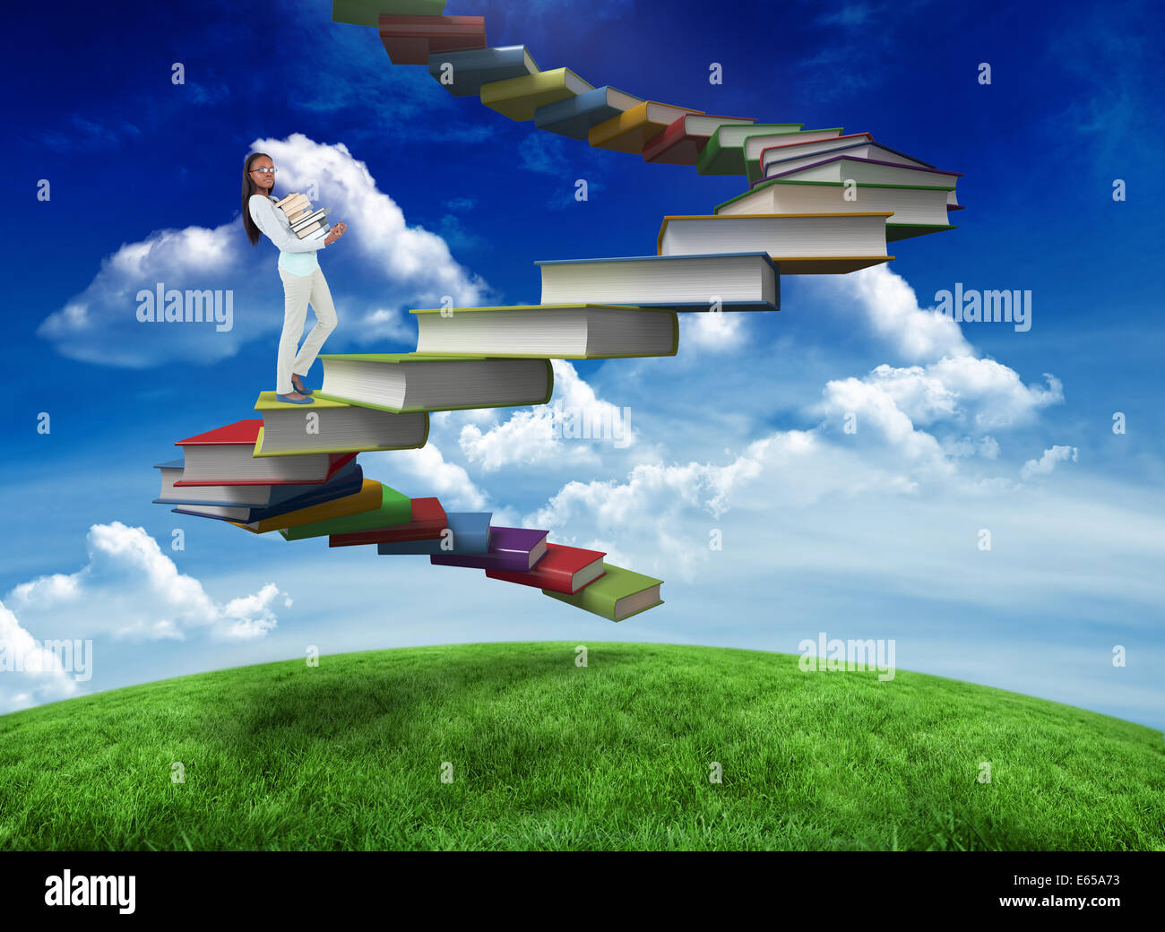 Composite image of side view of young woman carrying a pile of books ...