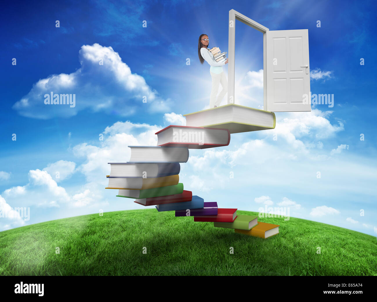 Composite image of side view of young woman carrying a pile of books ...