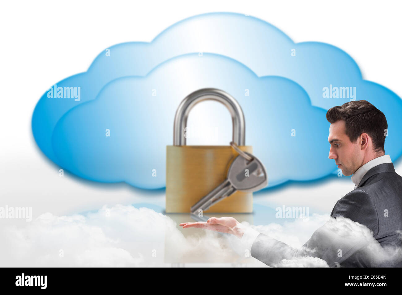 Composite image of businessman presenting with hand Stock Photo