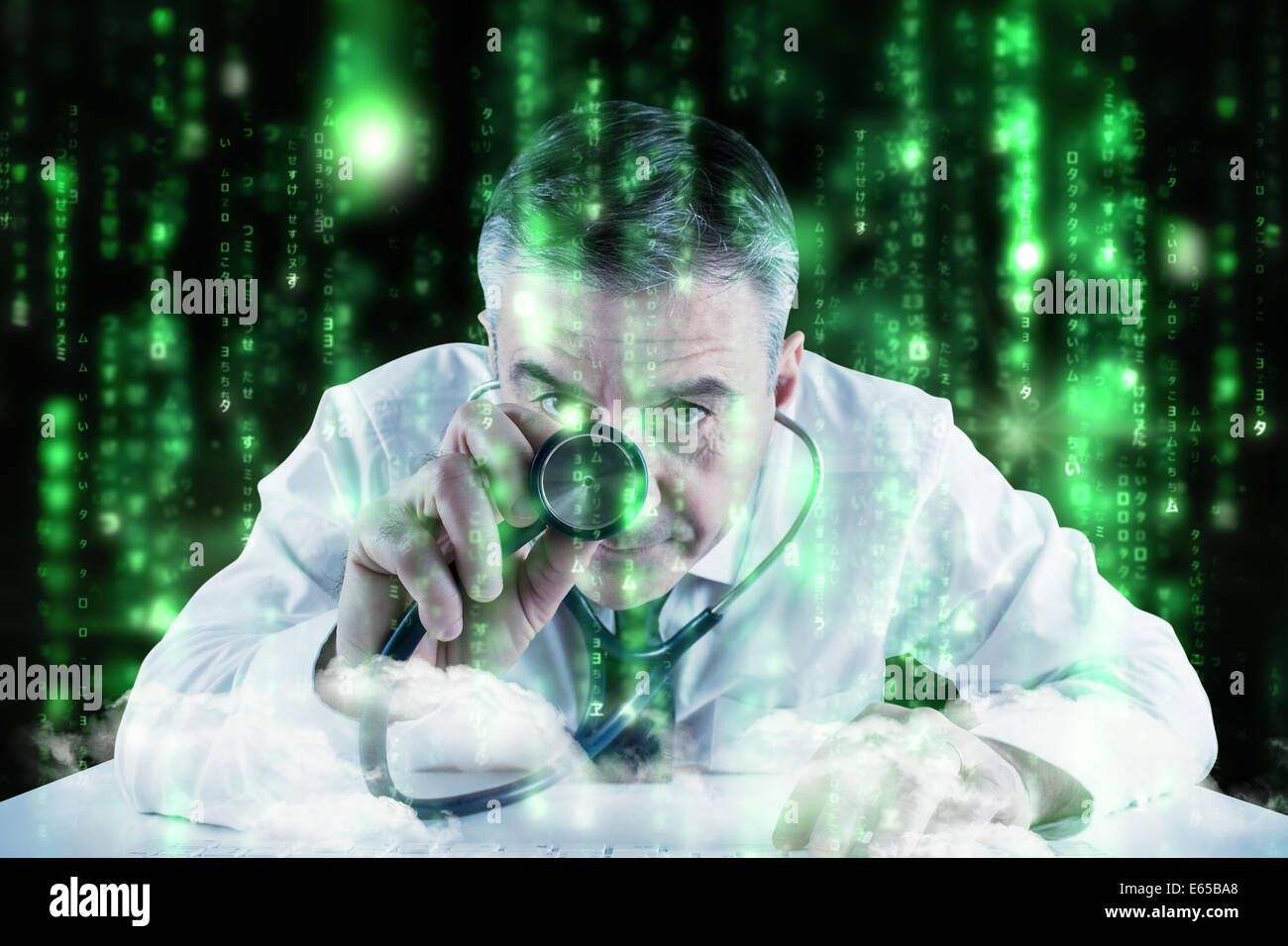 Composite image of mature businessman running diagnostics Stock Photo
