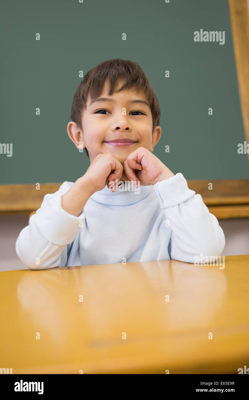 Cute pupil sitting at desk in classroom Stock Photo - Alamy