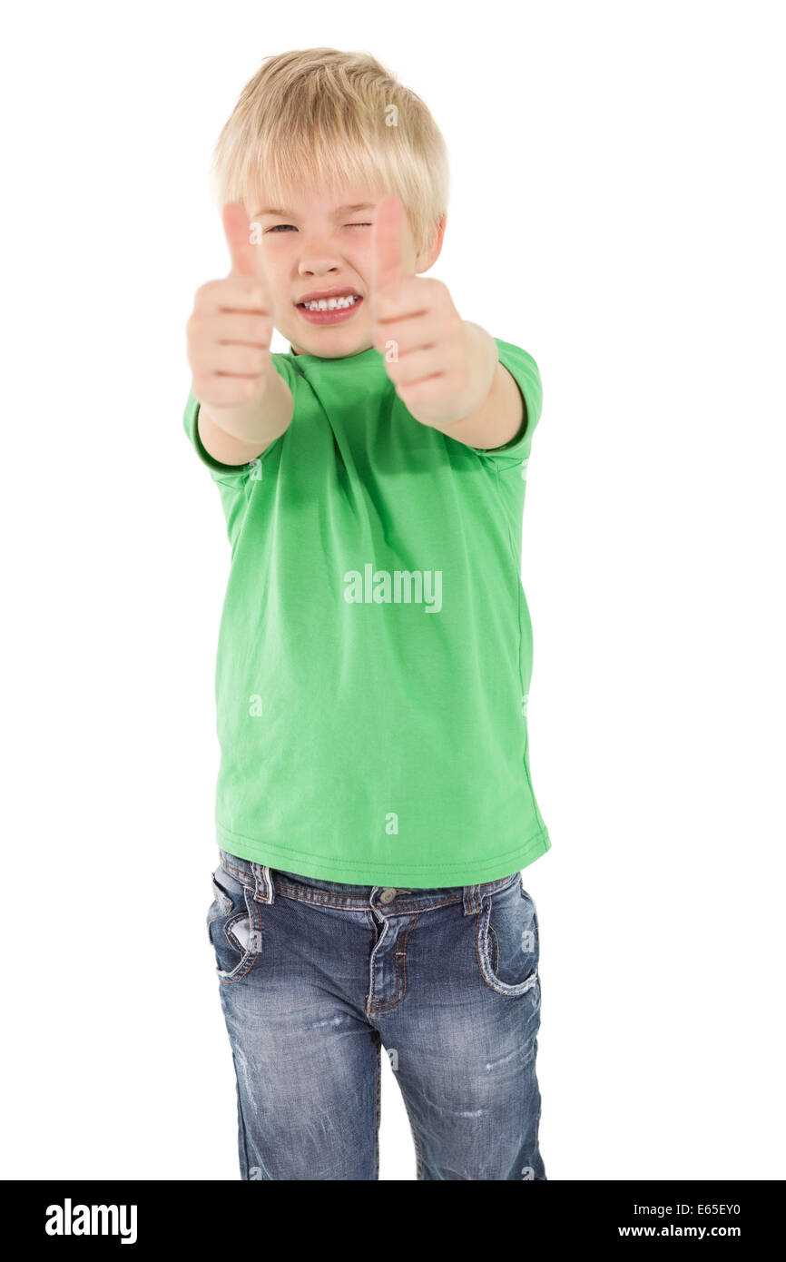 Cute little boy showing thumbs up Stock Photo - Alamy