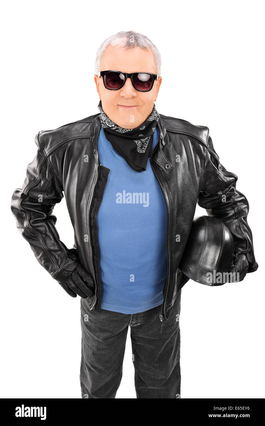 Vertical shot of a cool senior in a leather jacket Stock Photo