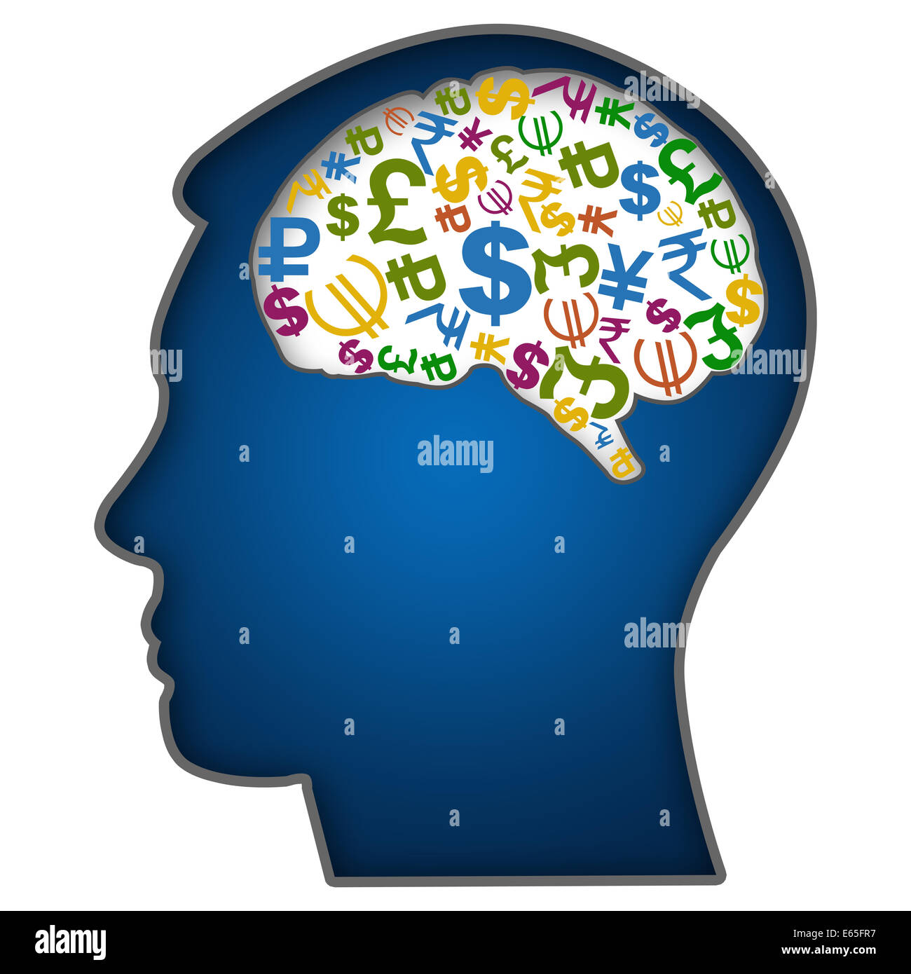 Human Face with Currency Symbols in Brain Stock Photo