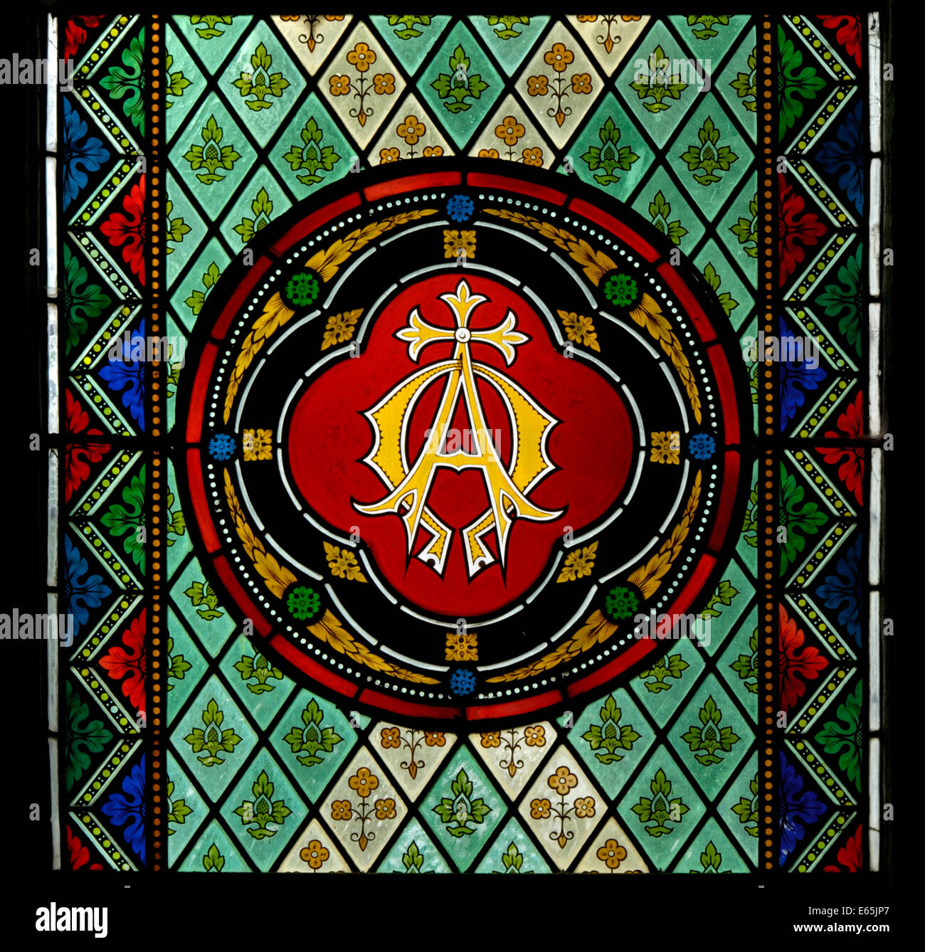 Chancel window (detail). Church of Saint Patrick. Bampton Grange, Lake District National Park, Cumbria, England, United Kingdom, Stock Photo