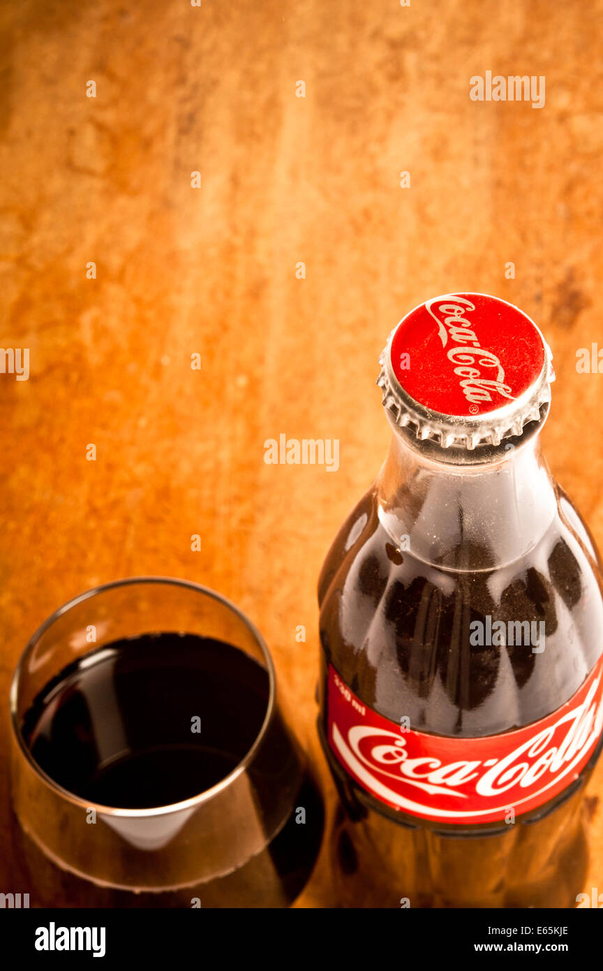 vintage Coca cola bottle and glass Stock Photo