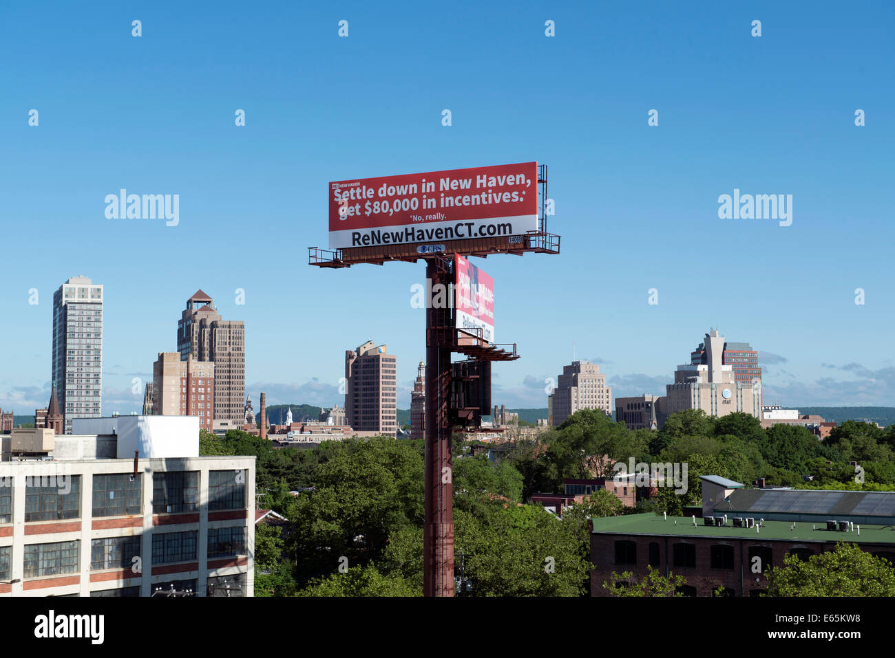 Billboard advertising New Haven's incentive program to attract new homeowners, encourage energy efficiency upgrades, and offer f Stock Photo