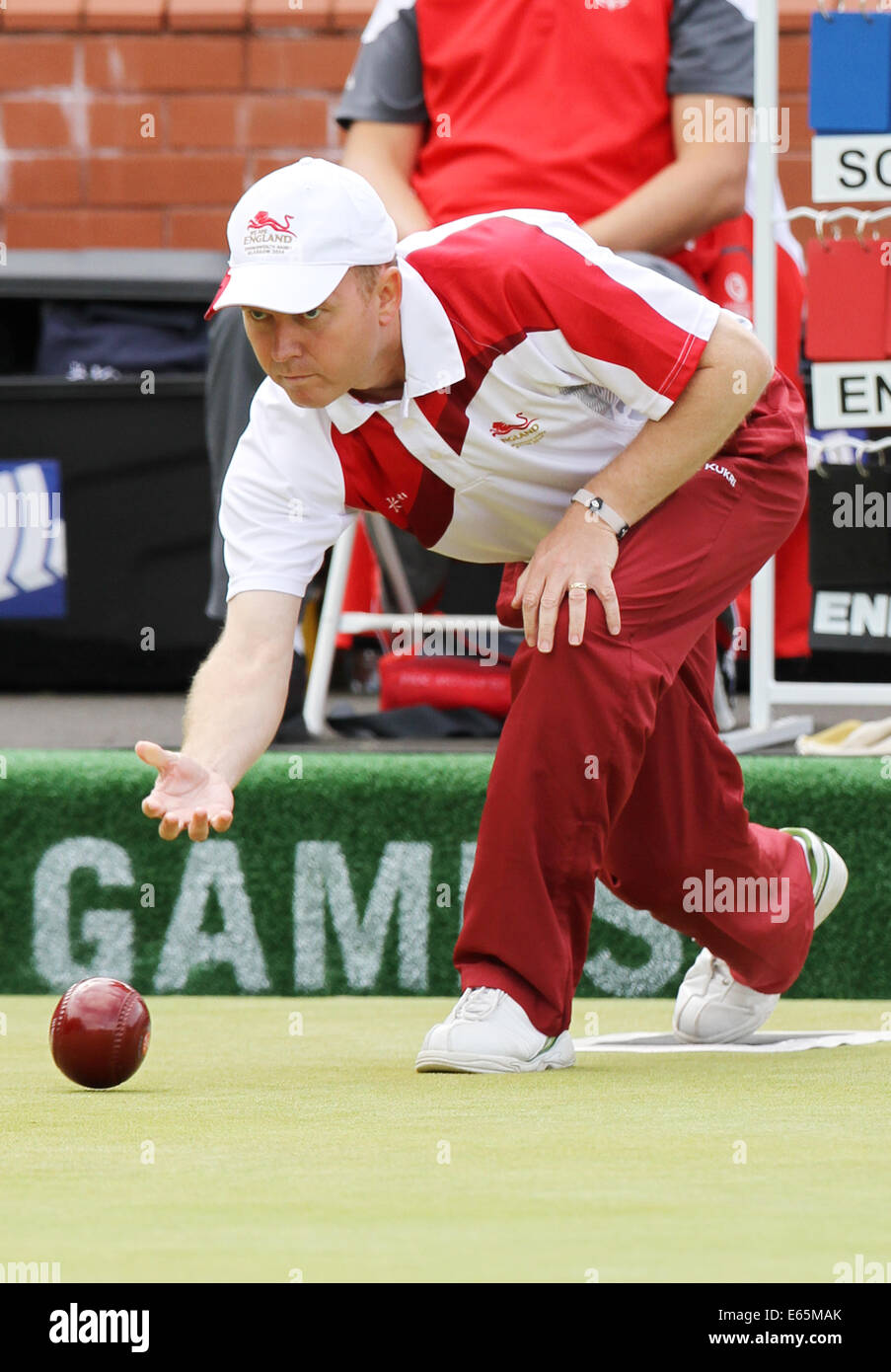 Stuart AIREY  of England v Scotland in the gold medal match in the mens fours at the Kelvingrove Lawn Bowls Centre, 2014 Stock Photo