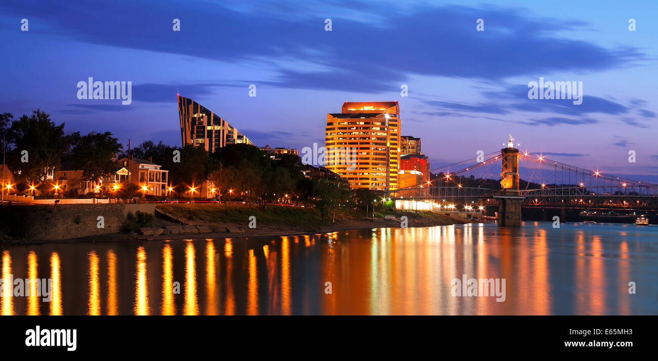 Covington Kentucky At Night, Across The Roebling Suspension Bridge From