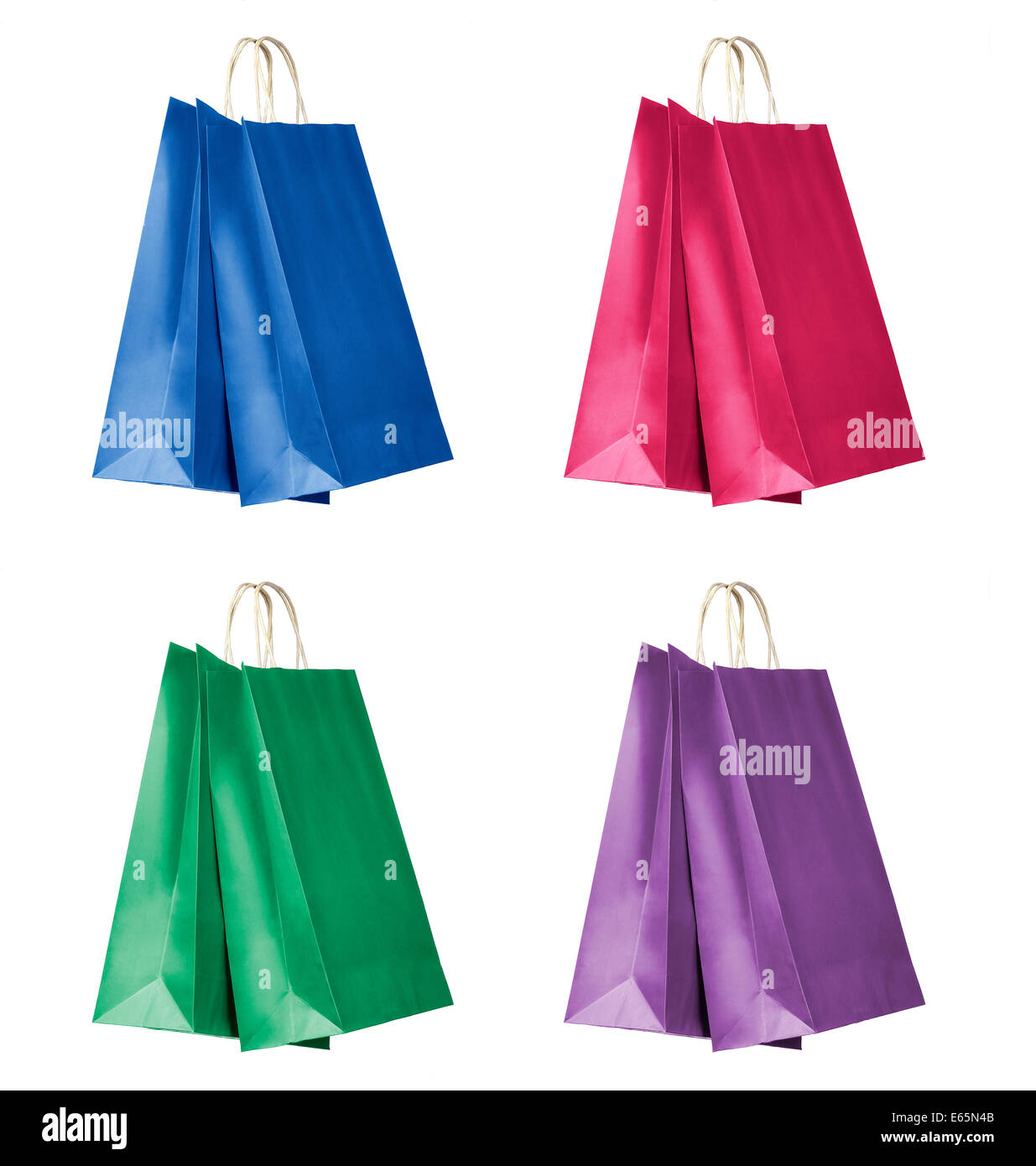 Four color shopping bags isolated on white background. Stock Photo
