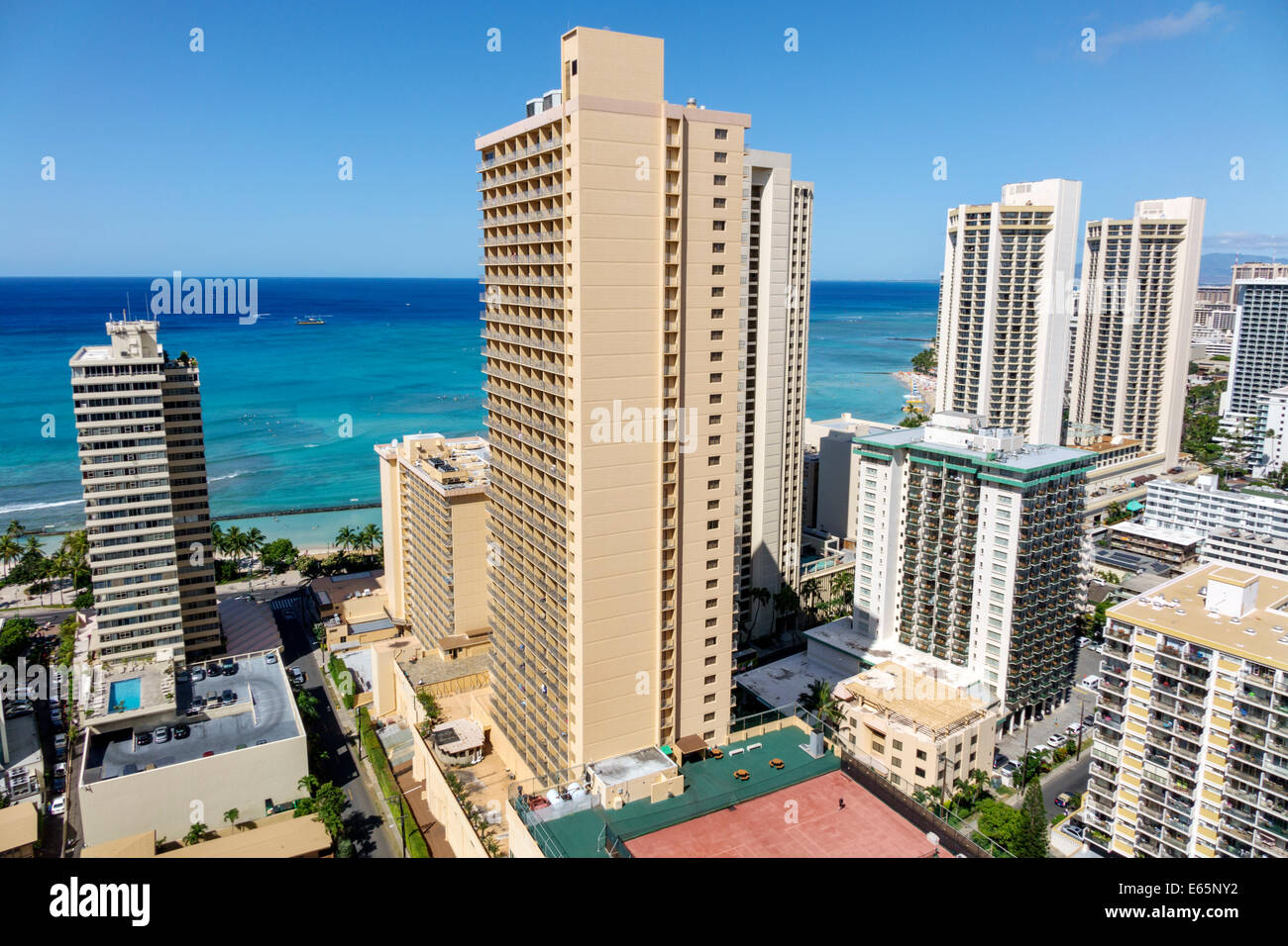 Honolulu Hawaii,Oahu,Hawaiian,Waikiki Beach,Pacific Ocean,resort,high rise,building,hotels,condominium buildings,USA,US,United,States,America Polynesi Stock Photo