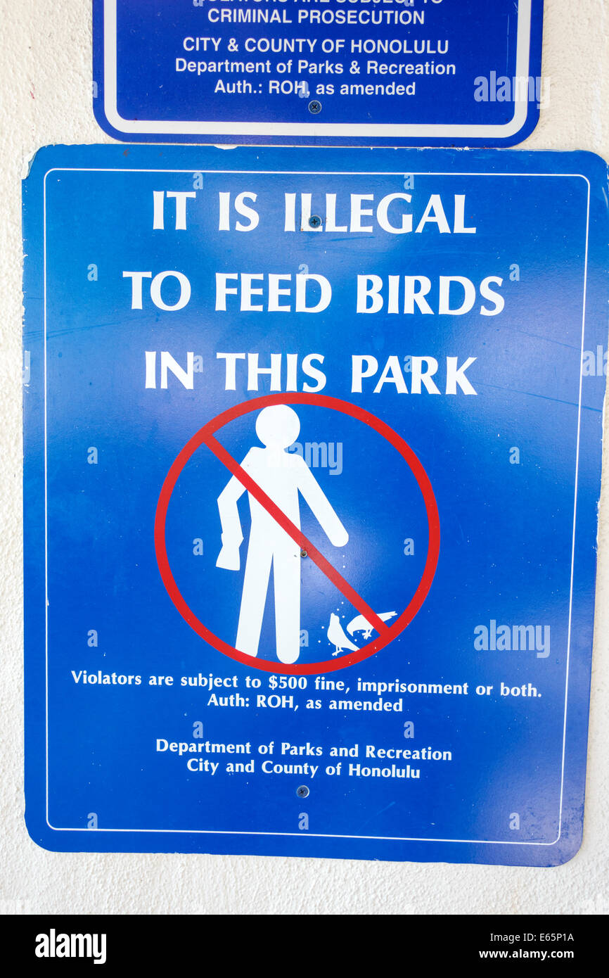 Honolulu Hawaii,Oahu,Hawaiian,Waikiki Beach,resort,city park,sign,illegal to feed birds,warning,law,USA,US,United,States,America Polynesia,HI140323070 Stock Photo