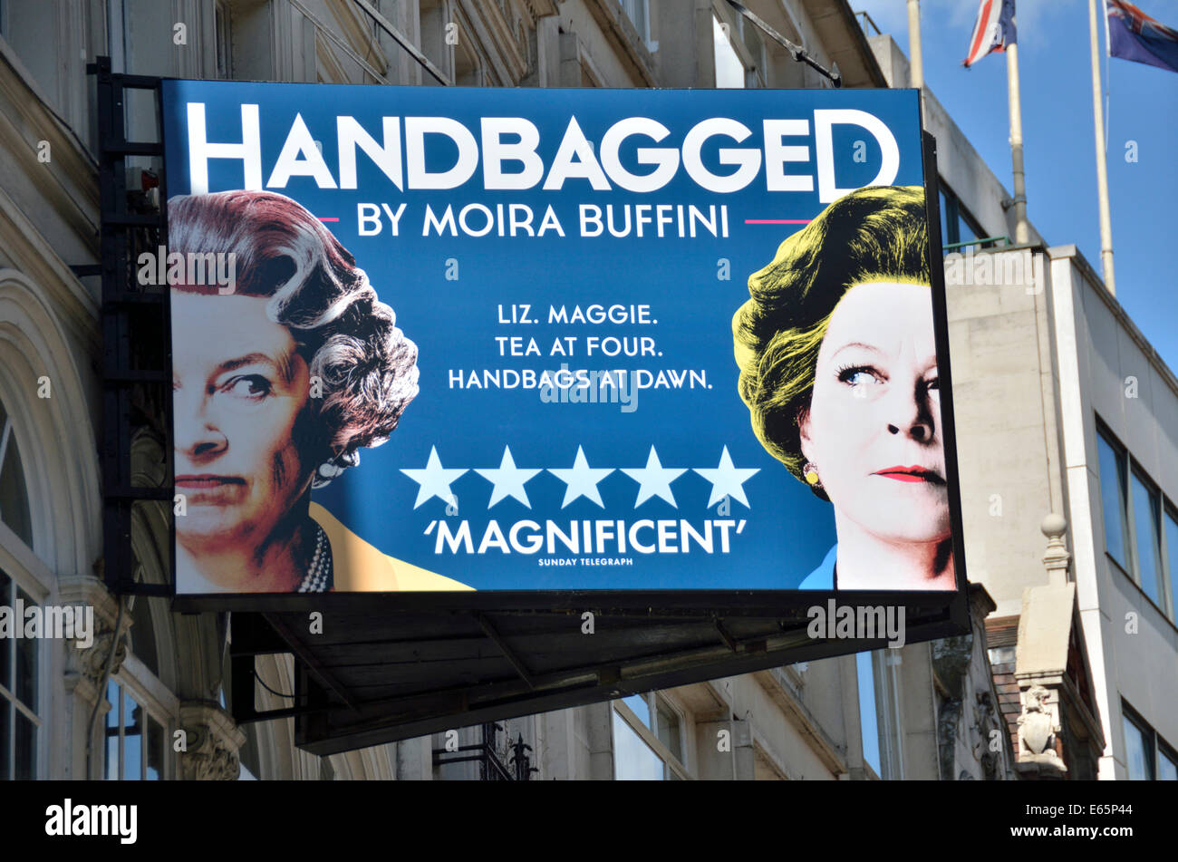 Giant billboard outside the Vaudeville Theatre promoting the stage play Handbagged, London, UK. Stock Photo