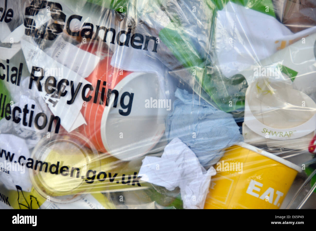 Camden Council commercial recycling bag containing cafe waste, London
