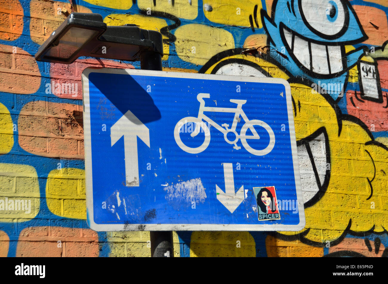 UK road sign for contraflow pedal cycles in a oneway street Stock