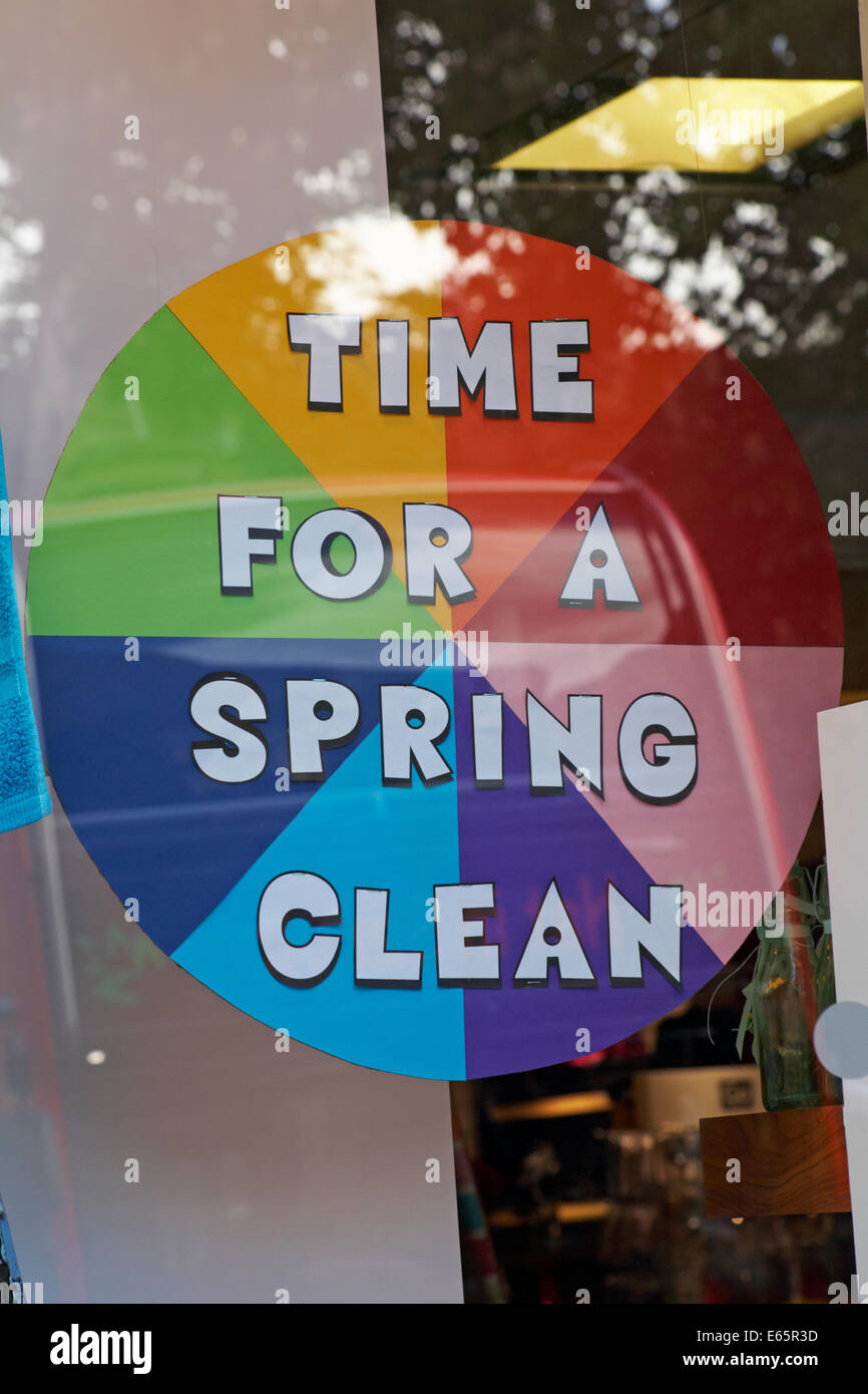 time for a Spring Clean sticker in shop window at Oxford, Oxfordshire UK in May Stock Photo