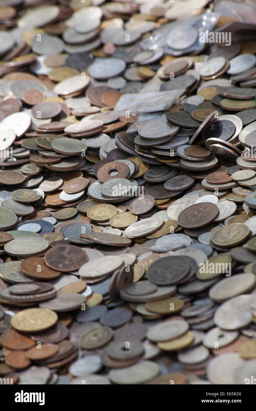 old coins for sale at outdoor market stall at Oxford, Oxfordshire UK in ...