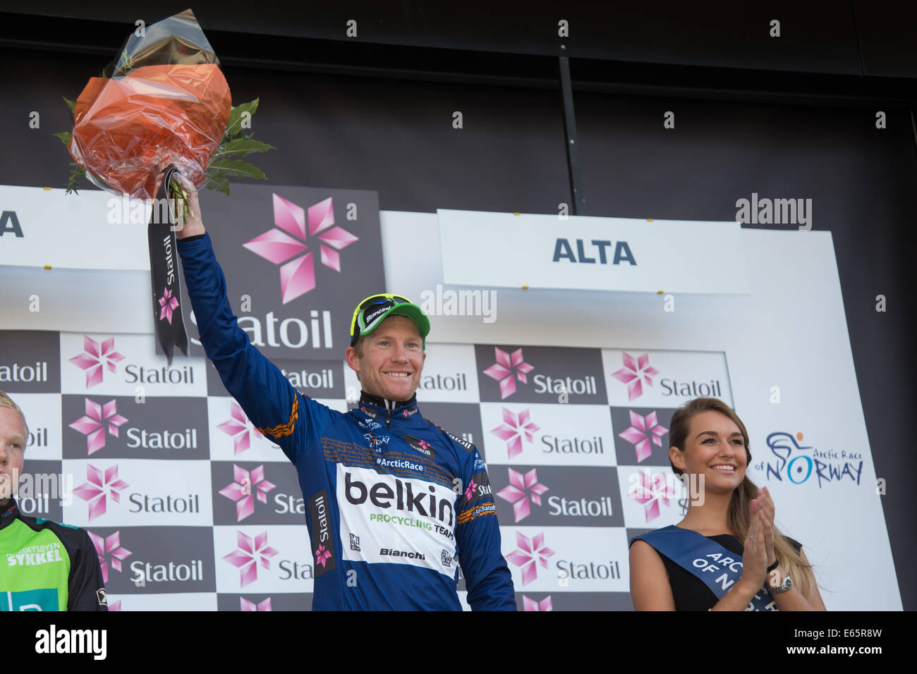 Alta, Norway. 15th Aug, 2014. Arctic Race of Norway 2014, day 2  Lars Andreas Nordhaug (Team Belkin) gets the leader jersey after second stage of Arctic Race of Norway. The race was 207km and started in Honningsvaag, close to the North Cape    Credit:  Radarfoto/Alamy Live News Stock Photo