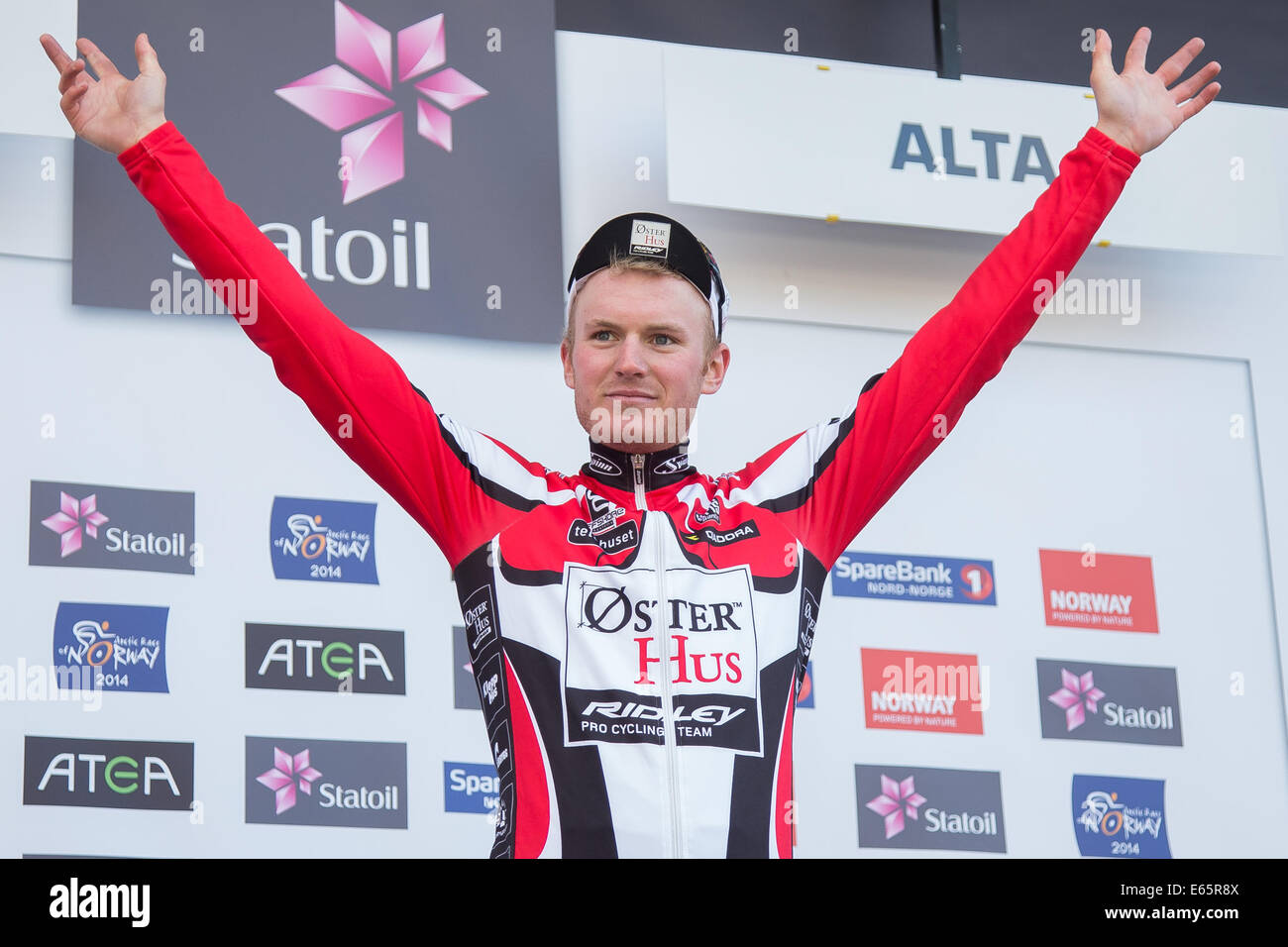 Alta, Norway. 15th Aug, 2014. Arctic Race of Norway 2014, day 2  August Jensen (Team Osterhus-Ridley) wins the climbers jersey after second stage of Arctic Race of Norway. The race was 207km and started in Honningsvaag, close to the North Cape    Credit:  Radarfoto/Alamy Live News Stock Photo