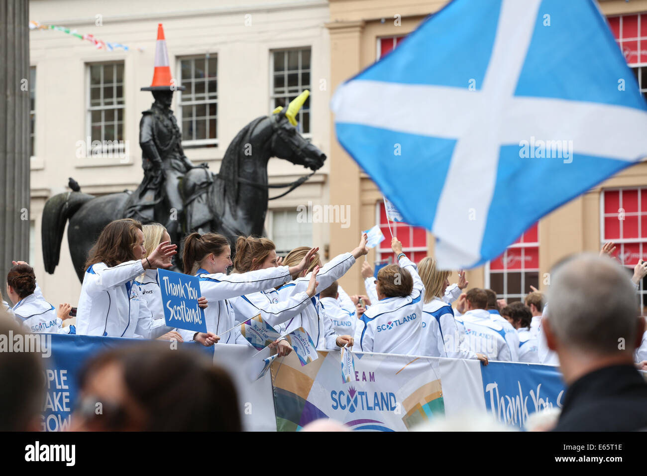 Glasgow, Scotland, UK, Friday, 15th Aug, 2014. Team Scotland Athletes taking part in a parade to the city centre to thank the public for their support during the Glasgow 2014 Commonwealth Games Stock Photo