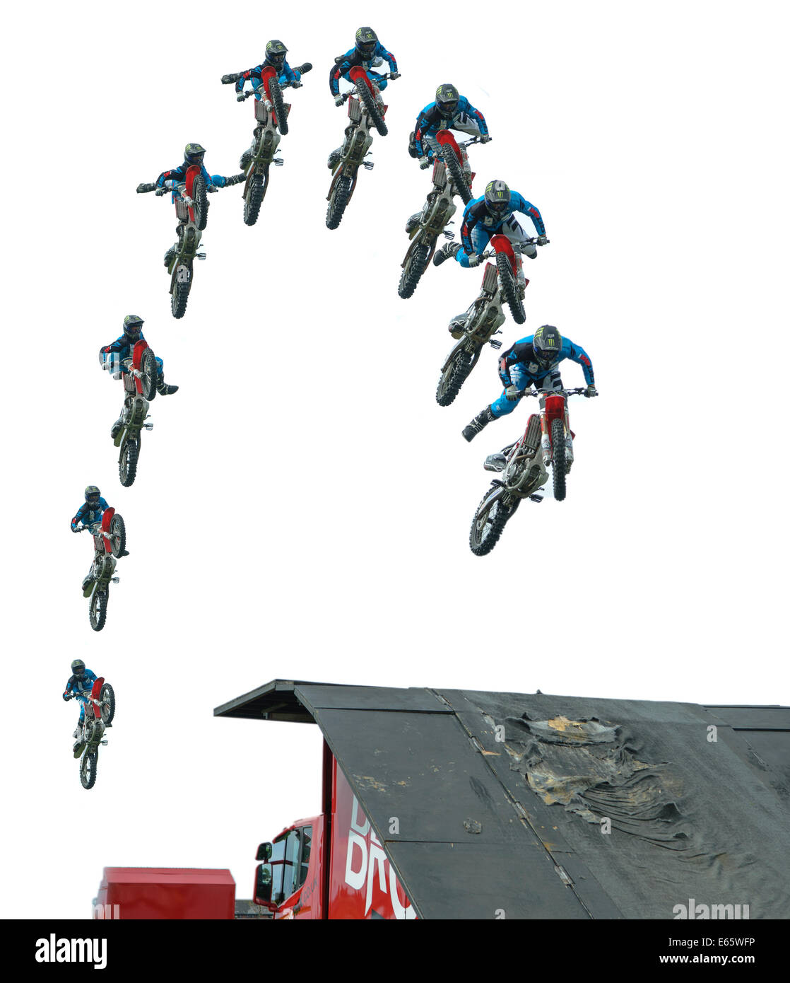 A motorcyclist makes a massive stunt jump (time lapse photograph Stock