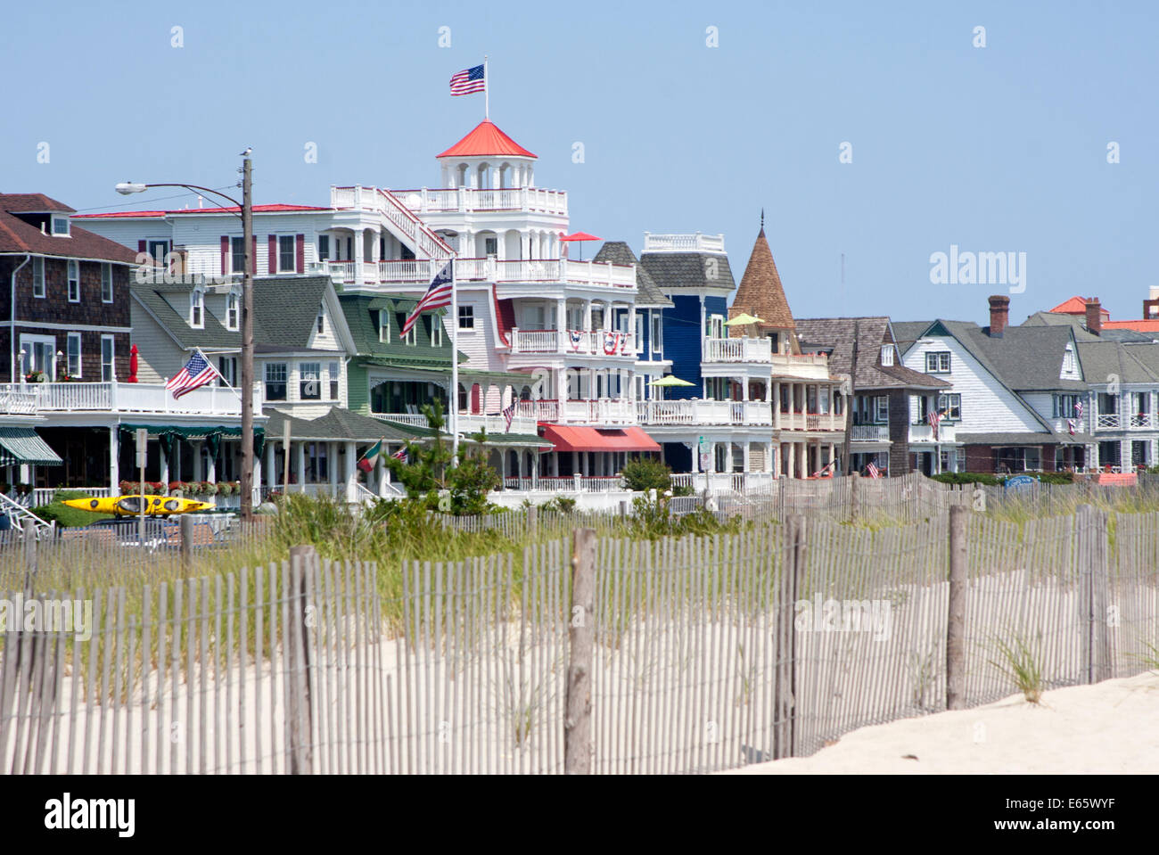 Colorful Victorian buildings line Beach Avenue in Cape May, New Jersey, Jersey Shore Stock Photo