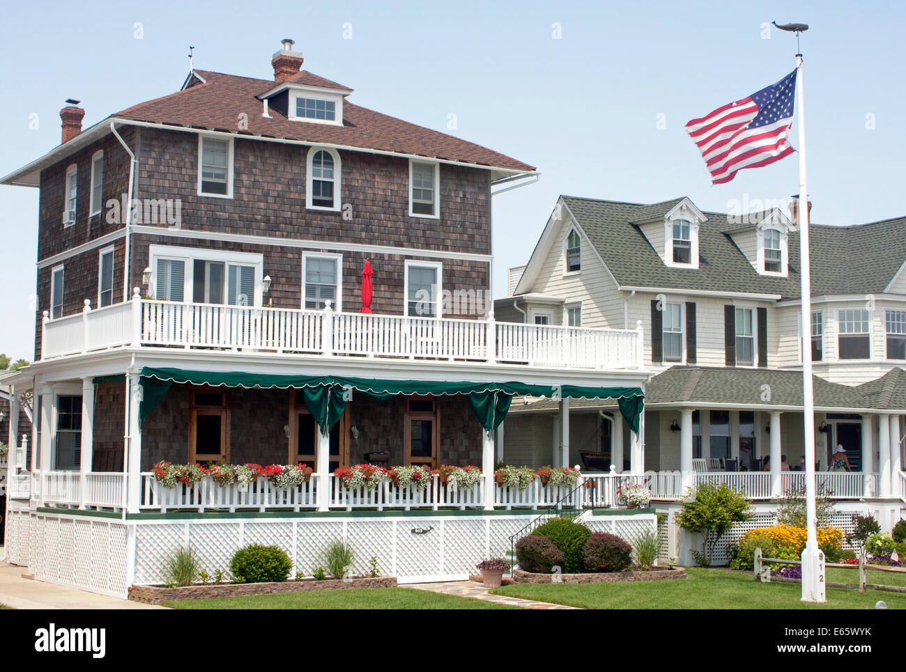 New England style beach houses lining Beach Avenue in Cape May, New