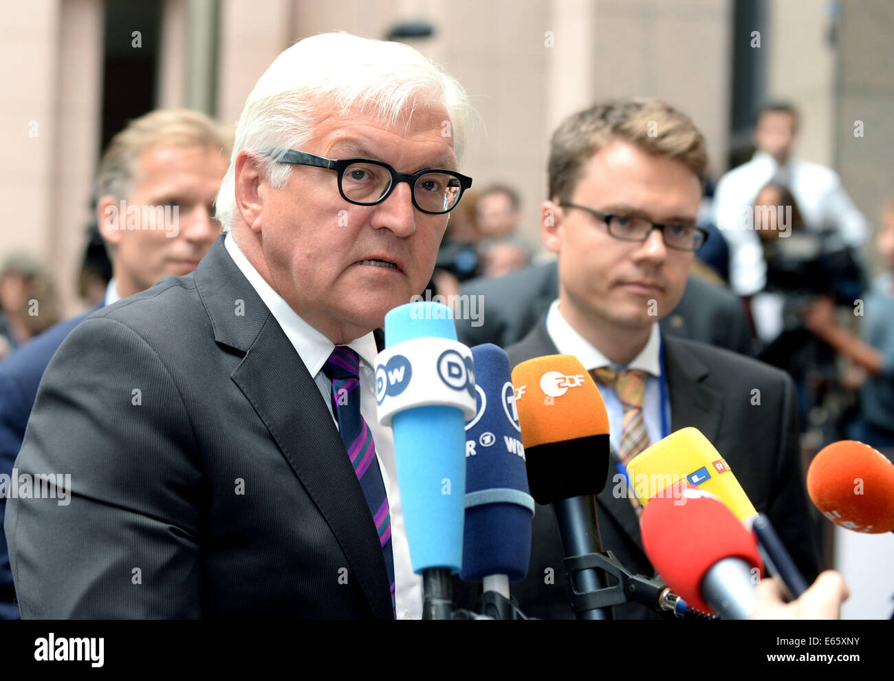 Brussels. 15th Aug, 2014. Photo provided by the Council of the European Union (EU) shows German Foreign Minister Frank-Walter Steinmeier speaking to journalists when he attends an emergency meeting in Brussels, Belgium, Aug. 15, 2014. The EU on Friday gave green light for individual EU countries to send weapons to Iraqi Kurds battling Islamic militants in the north of Iraq. Credit:  Xinhua/Alamy Live News Stock Photo