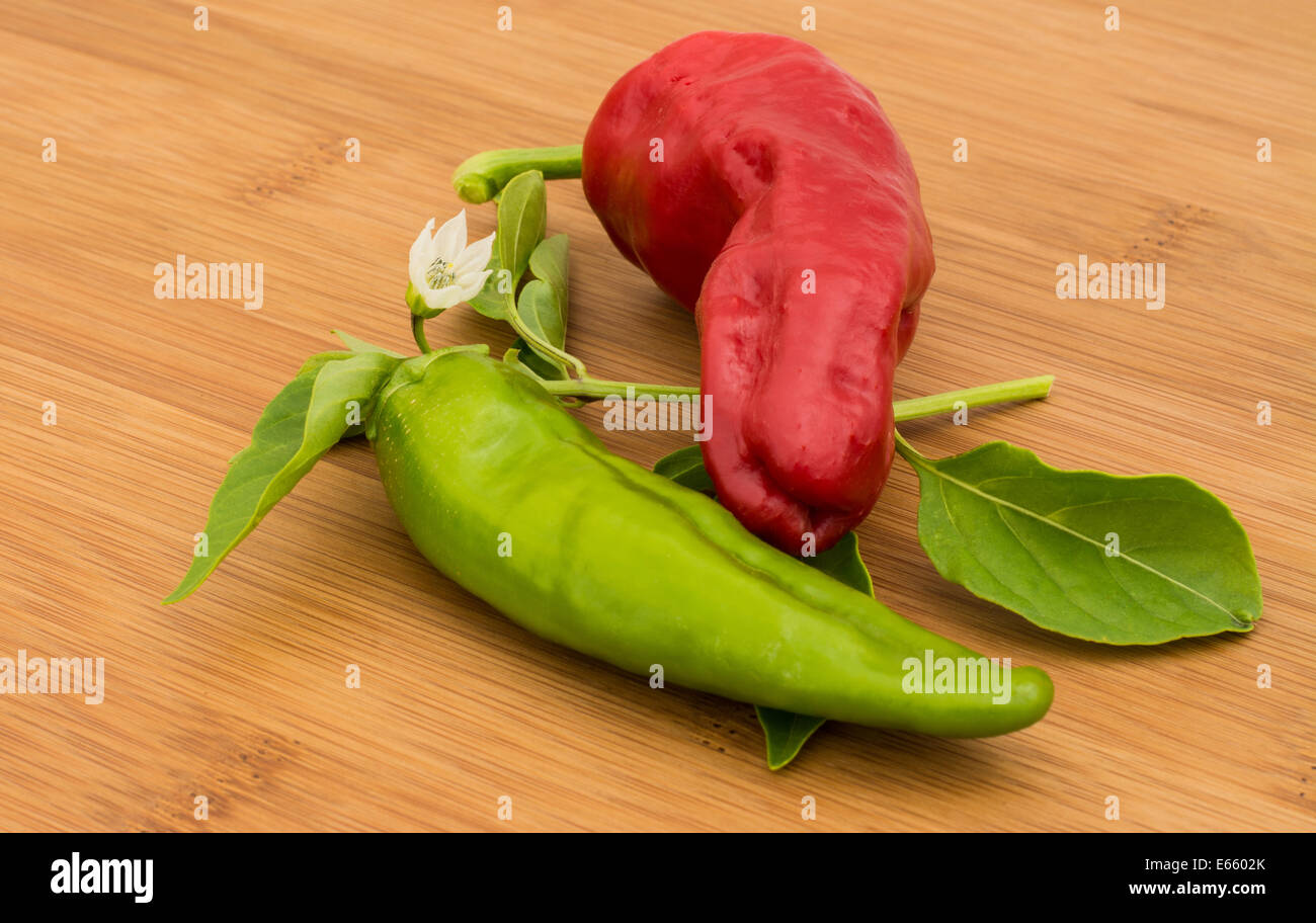 Chili Pepper, red and green on a bamboo chopping board Stock Photo - Alamy