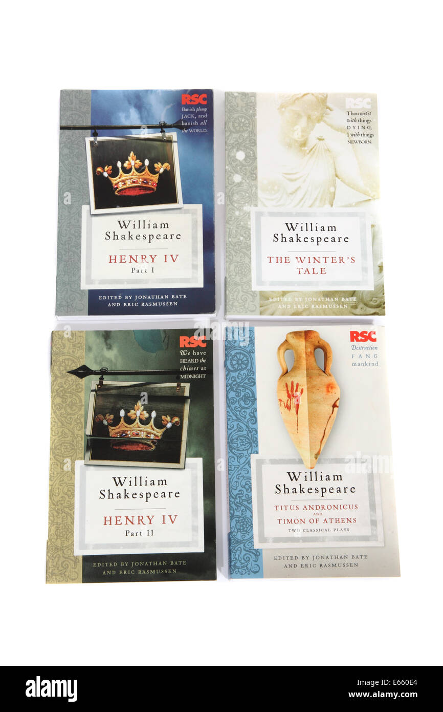 4 books by William Shakespeare: Henry 4th part 1, Henry 4th part 2, The Winter's Tale and Titus Andronicus and Timon of Athens. Stock Photo