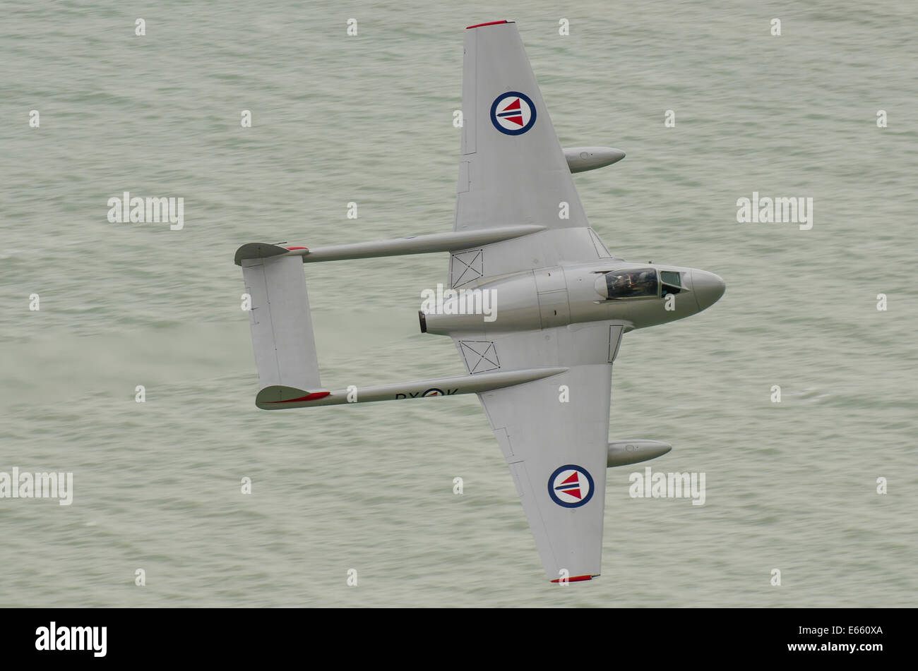 de Havilland Vampire at 'Airbourne' - the Eastbourne Airshow, Norwegian Air Force historic vintage classic jet plane over sea water Stock Photo